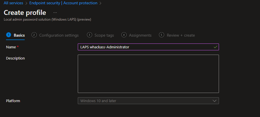 LAPS policy Basics tab with policy name